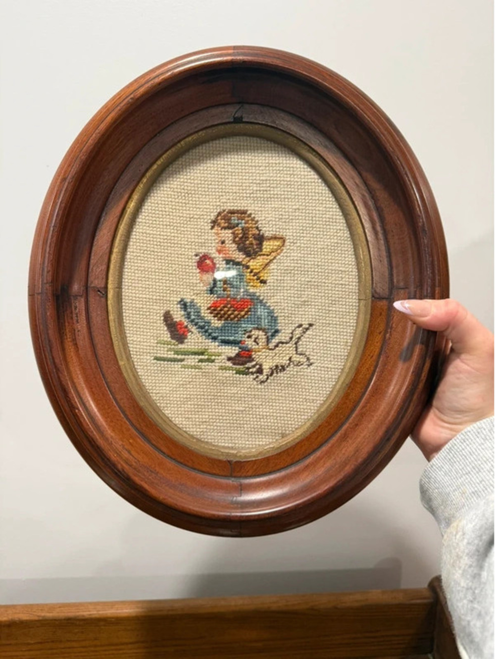 Vintage Girl & Dog Needlepoint Wall Art Thick Oval Wood Frame